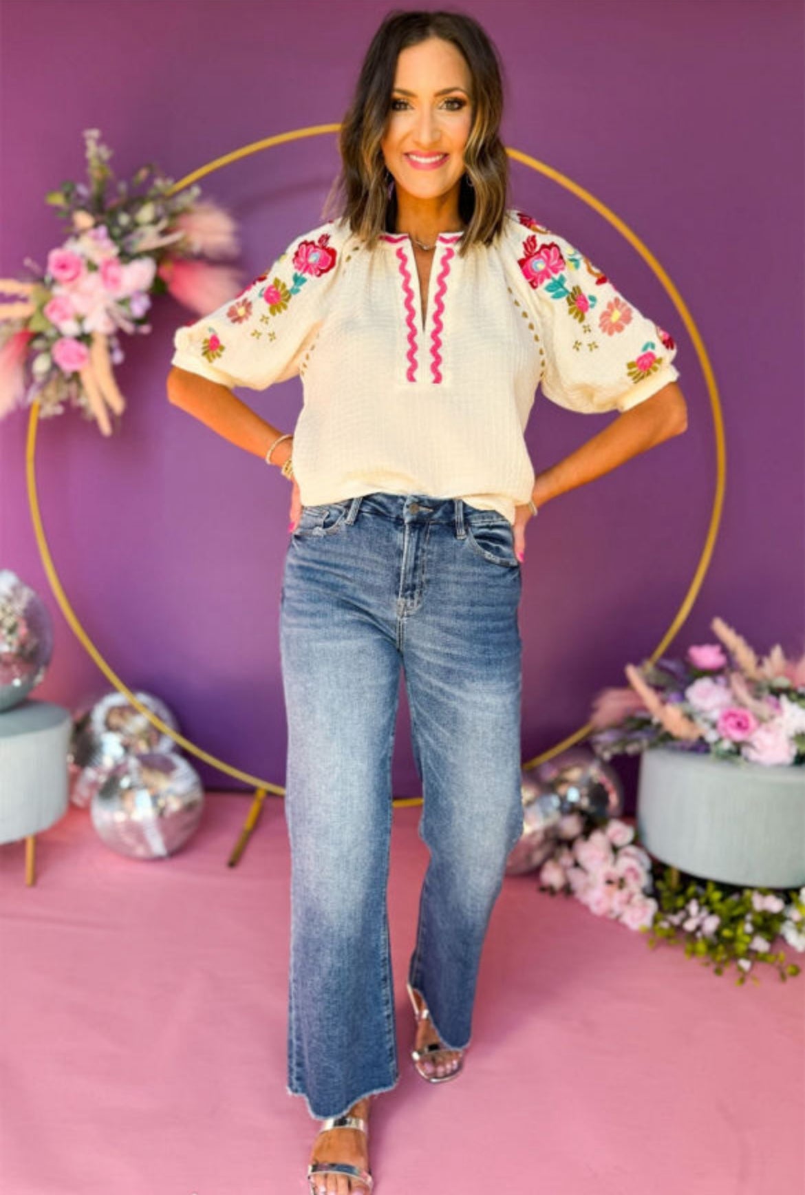 Beige floral ricrac embroidered puff sleeve top