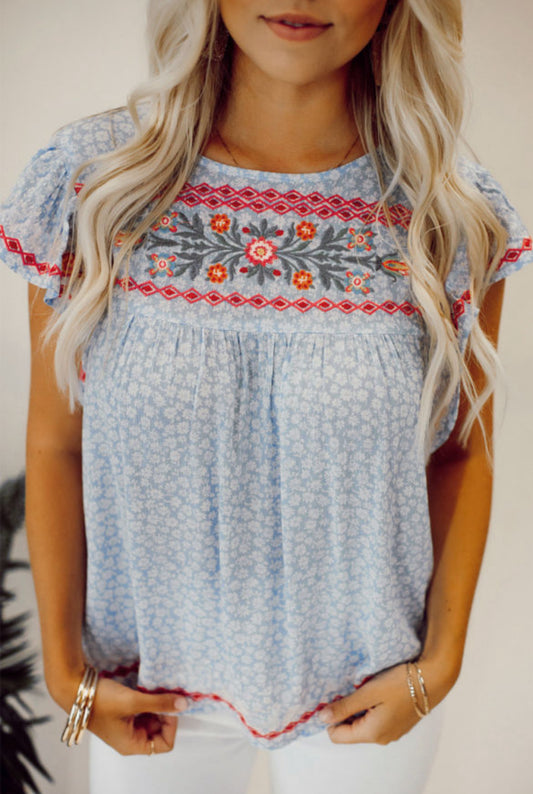 Blue Boho Floral Embroidered Top