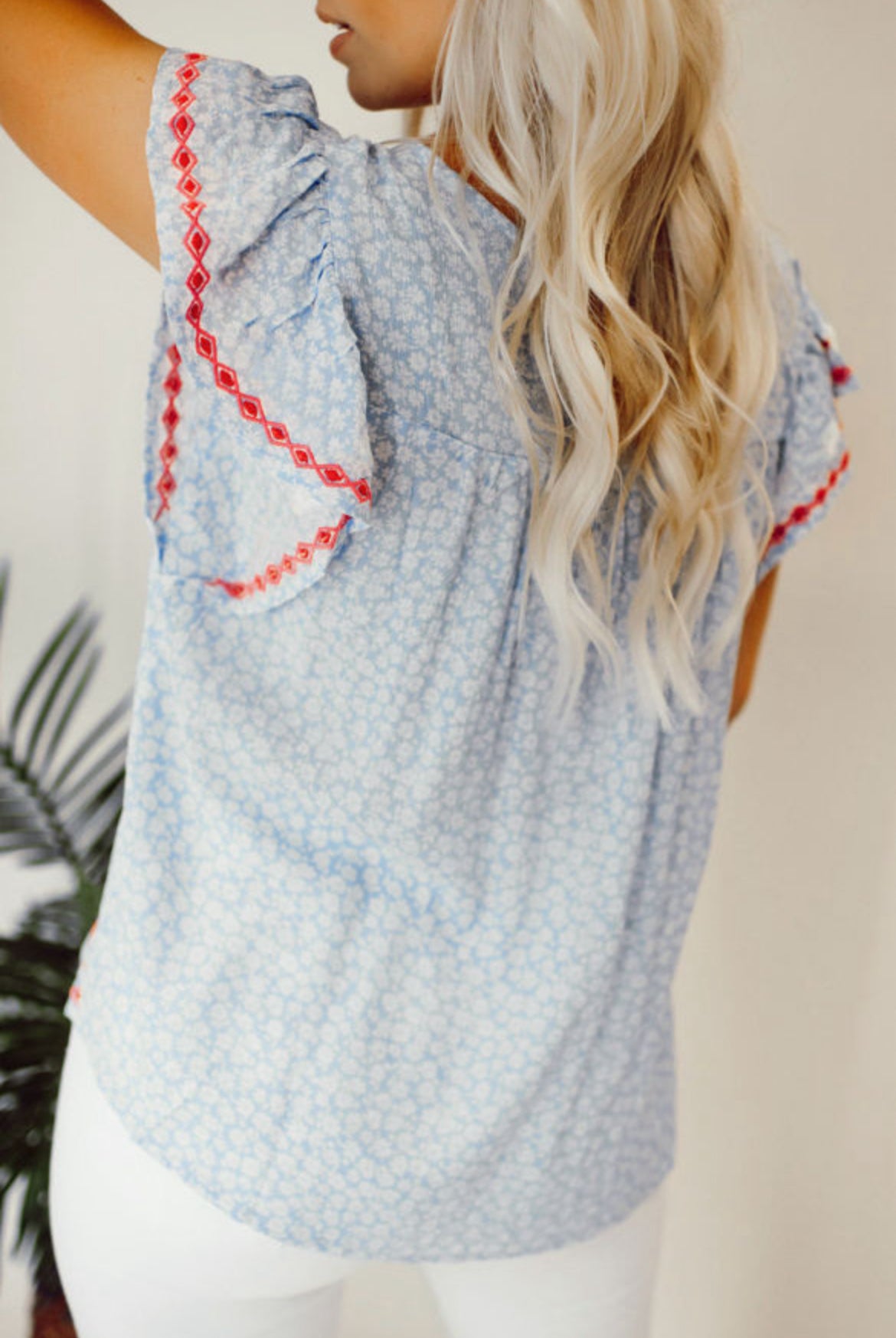 Blue Boho Floral Embroidered Top