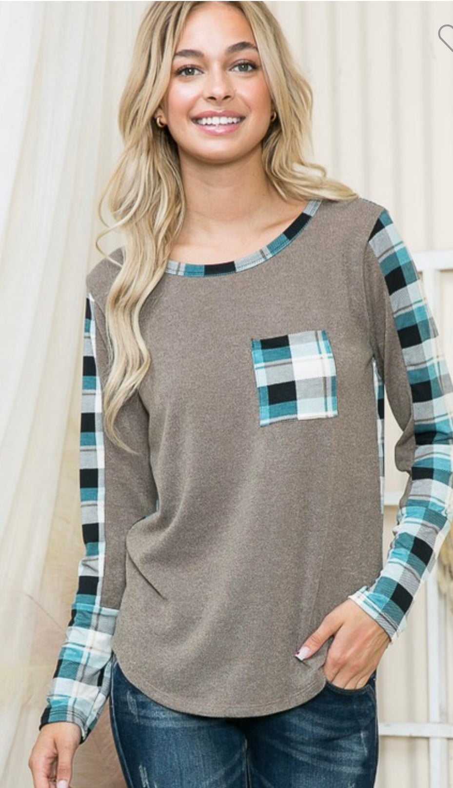 Teal plaid print long sleeve