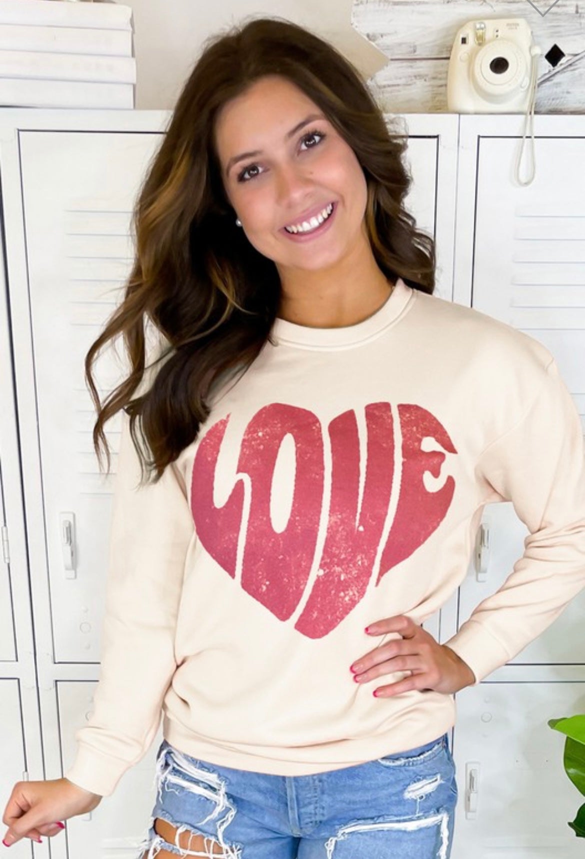 Distressed Pink Love Natural Colored Sweatshirt